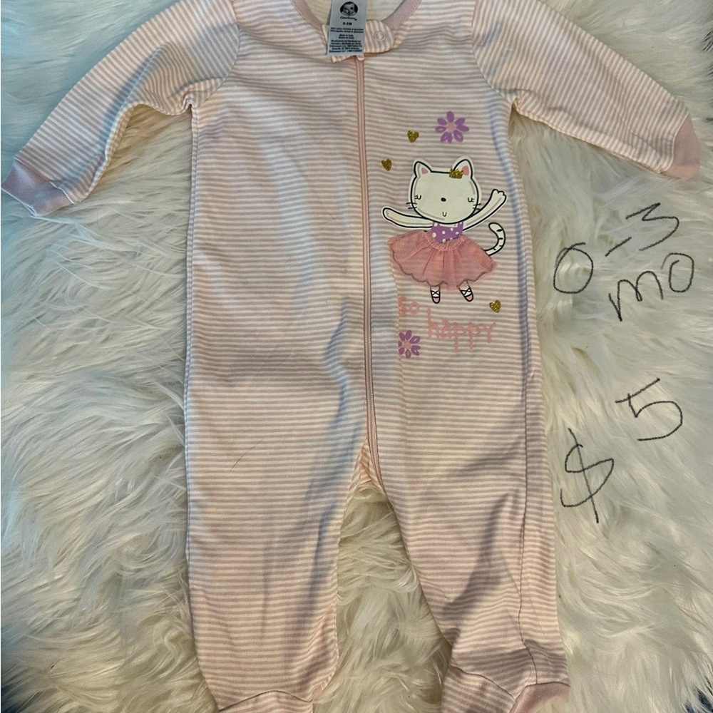 Pink Striped Cat Print Baby One Piece